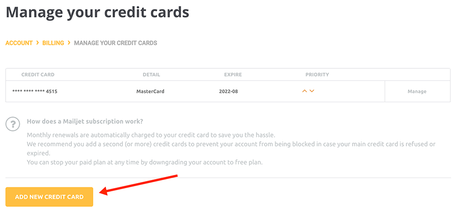 How do I add, prioritize or delete my credit cards? - Mailjet Help Center