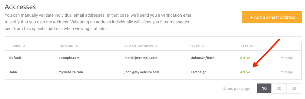 how to add a sender address account mailjet