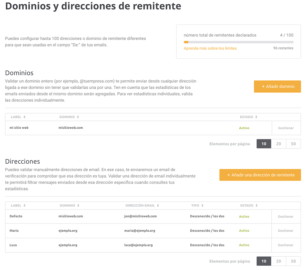 remitentes declarados