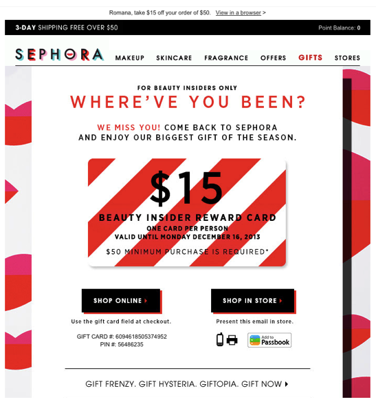 A great win-back email from Sephora