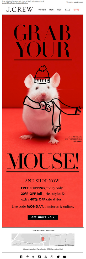 email featuring mouse with illustrated hat and scarf