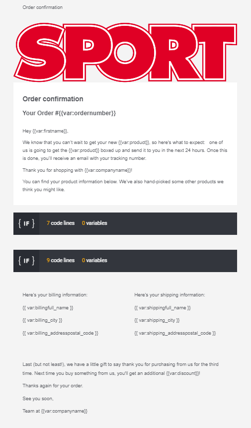 Sport email confimation example
