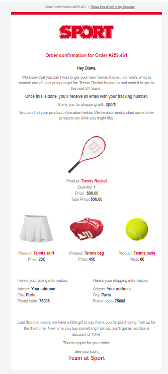 sport email confirmation example with dynamic content