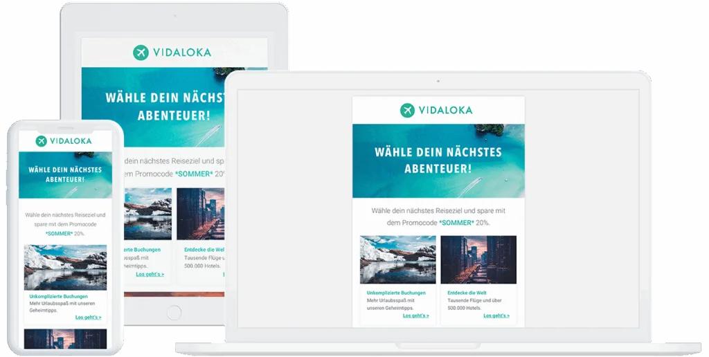 Beispiel eines responsiven Designs, bei der sich die E-Mail-Vorlage automatisch an den Bildschirm des Gerätes anpasst.