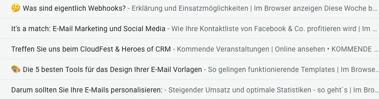Beispiele für E-Mail-Betreffzeile und Preheader im Posteingang.