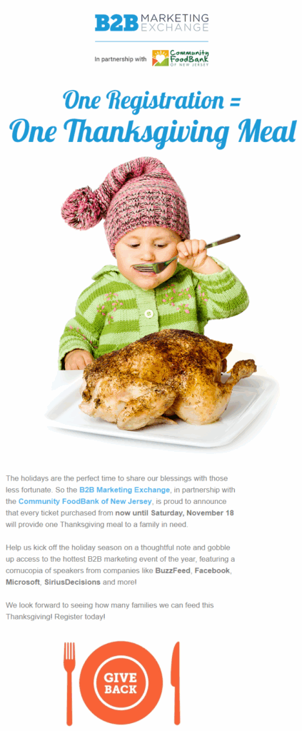 Thanksgiving email title says, “One registration = one thanksgiving meal”