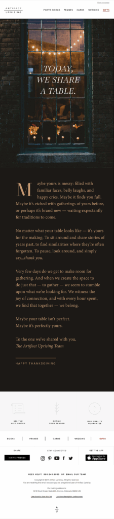 Dark mode email with background peering through house window
