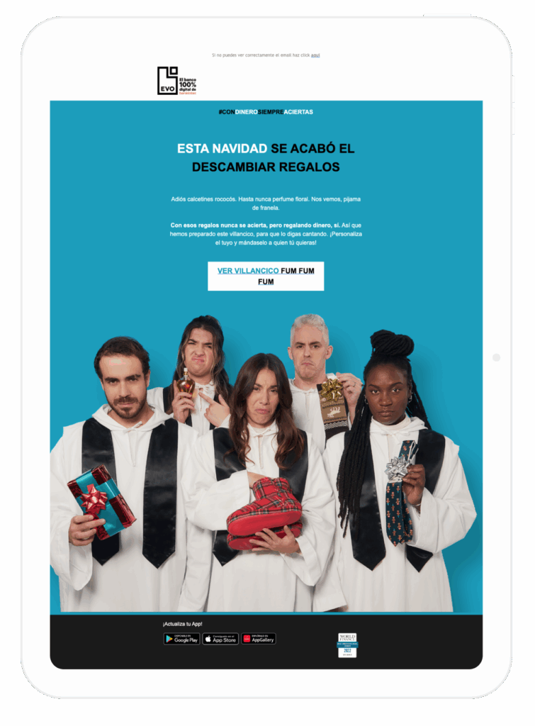 Email de EVO para crear tu villancico personalizado y compartirlo con tu familia y amigos.