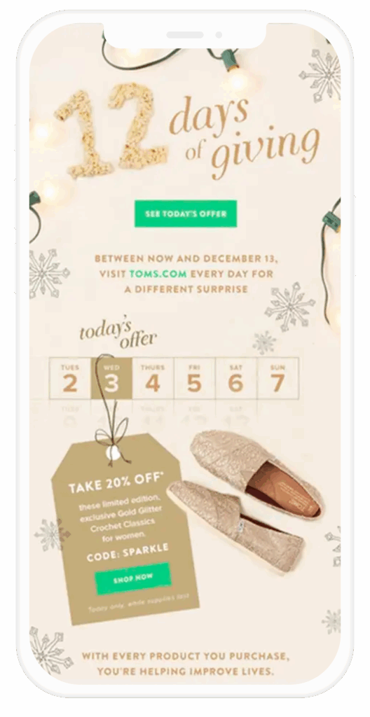 Email de TOMS con un calendario de adviento de ofertas.