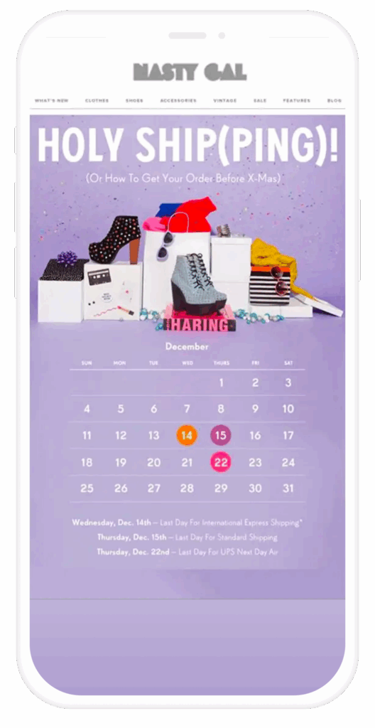 Email de Nasty Gal con un calendario con fechas clave