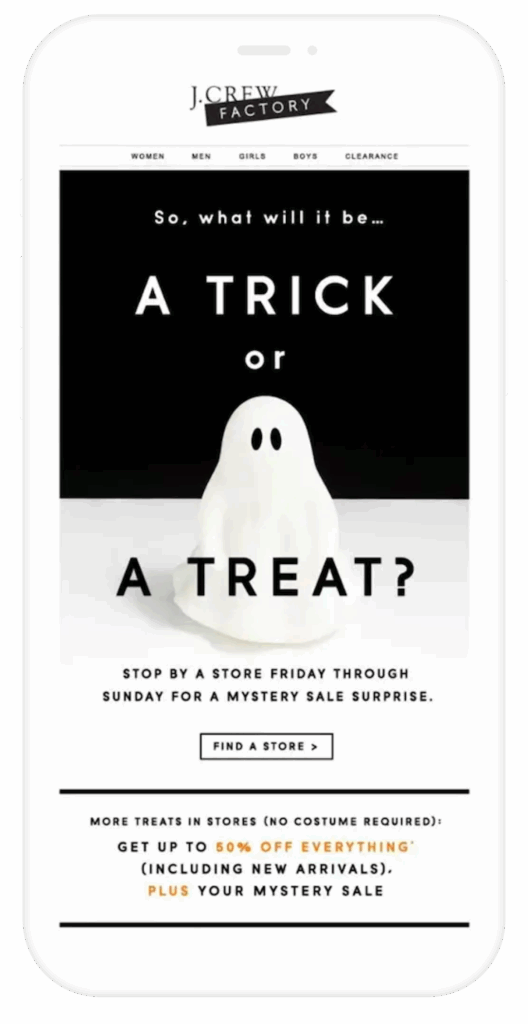 Email de J. Crew con un diseño sencillo e impactante para Halloween.