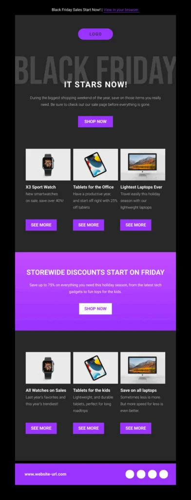 Black Friday E-Mail-Vorlage in schwarz mit der Akzentfarbe lila