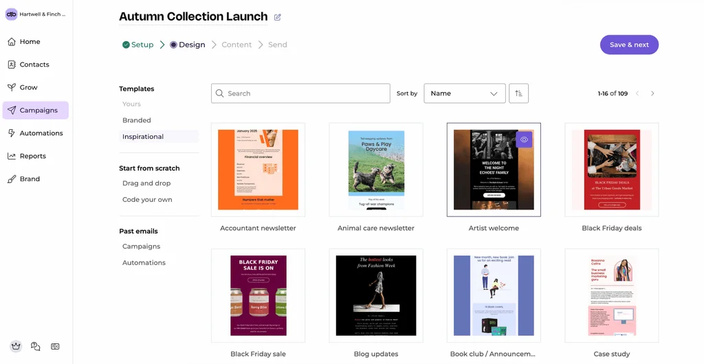 Screenshot of the EmailOctopus campaign builder at the design step, showing the template gallery with newsletter, welcome, Black Friday, and case study templates, plus options to start from scratch with drag and drop or your own code.