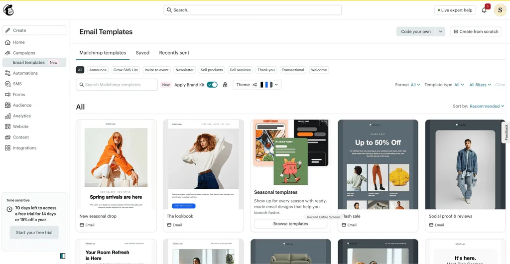 Screenshot of the Mailchimp email template gallery, with filters for newsletters, announcements, events, seasonal, welcome, and transactional emails, and templates for a seasonal drop, a lookbook, a flash sale, and customer reviews.