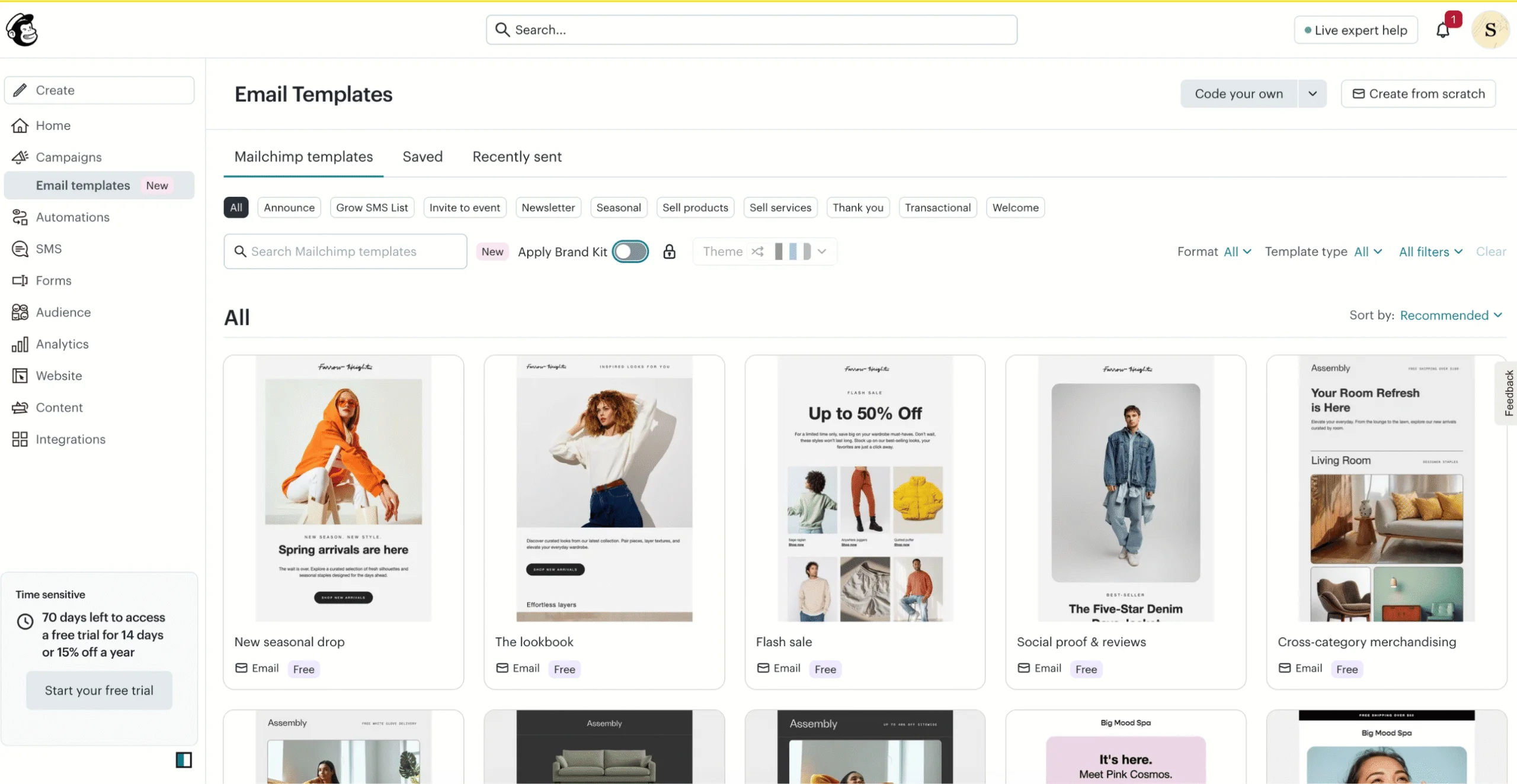 Screenshot of the Mailchimp email template gallery, with filters for newsletters, announcements, events, seasonal, welcome, and transactional emails, and templates for a seasonal drop, a lookbook, a flash sale, and customer reviews.