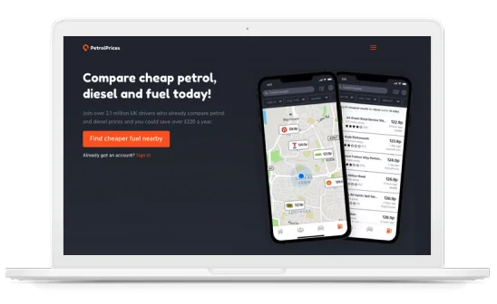 PetrolPrices website on a laptop screen showing fuel comparison app with a map and fuel price listings, promoting cheaper petrol and diesel options for UK drivers