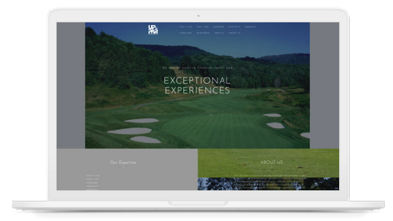 Luxury Resorts website displayed on a laptop screen, featuring a scenic golf course and the headline 'Exceptional Experiences'