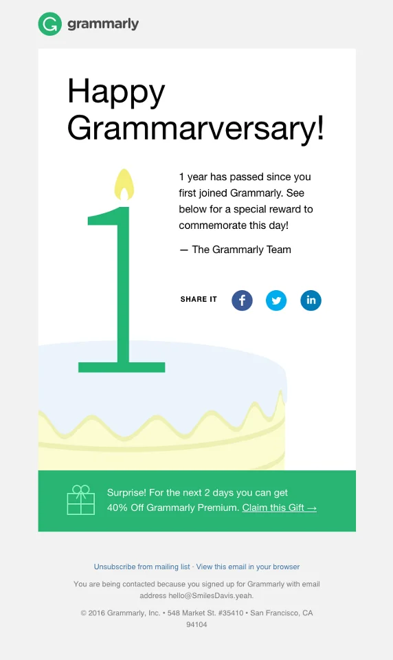 Anniversary email from Grammarly
