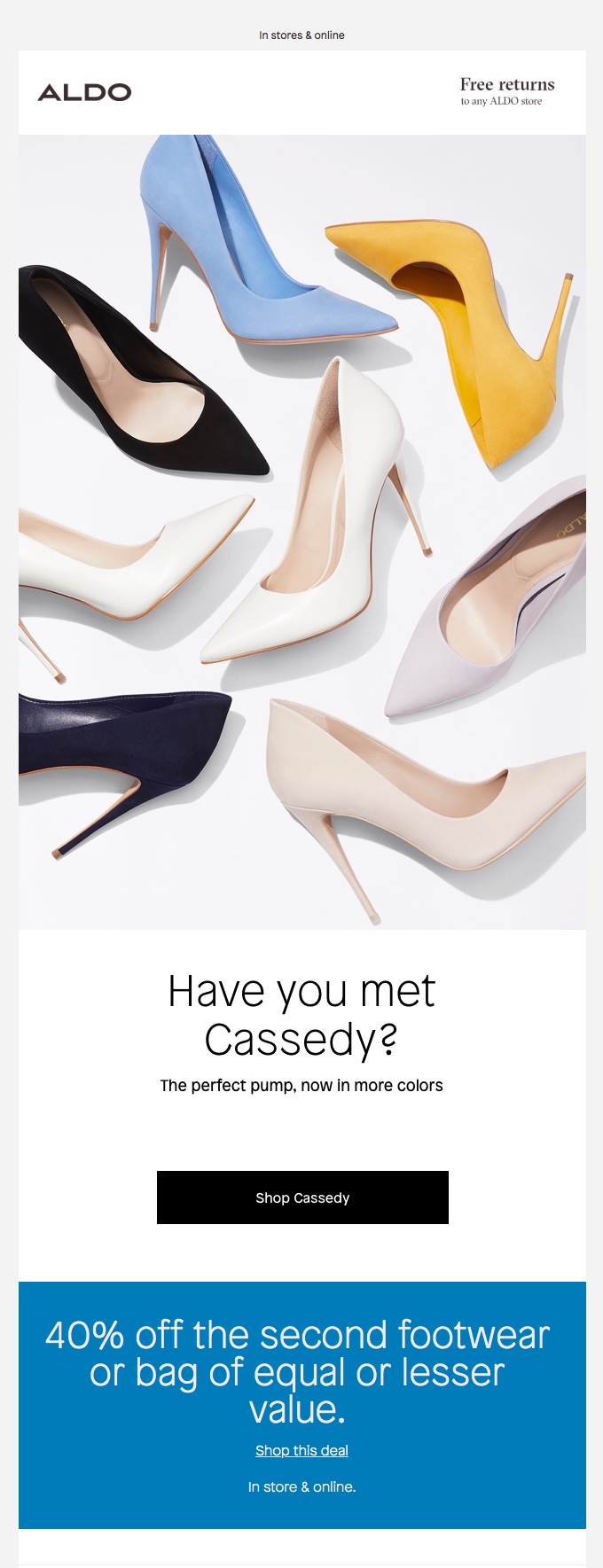 Aldo newsletter featuring large image of colorful shoes