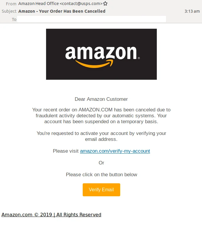 Exemple d’usurpation d’email d’Amazon
