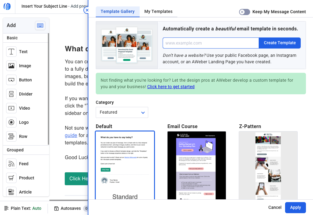 Screenshot of the template gallery for AWeber