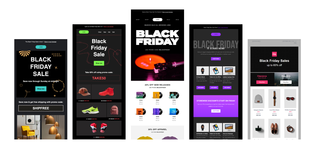Capture d’écran des cinq modèles d’emails de Black Friday disponibles chez Mailjet