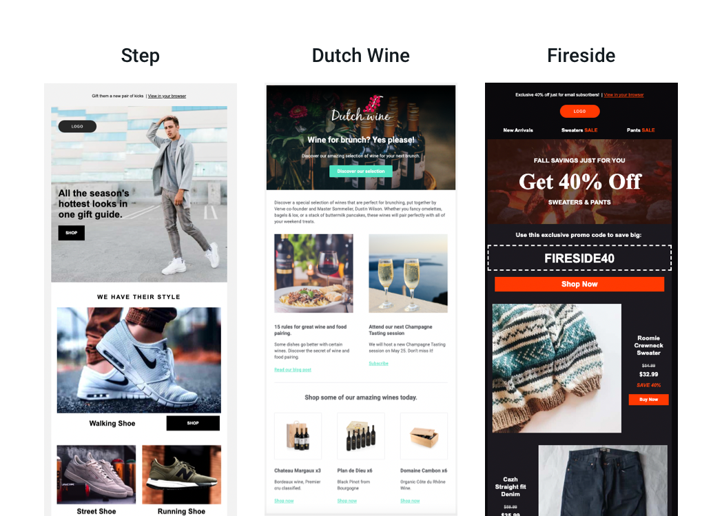 Plantillas de Mailjet Step, Dutch Wine y Fireside.