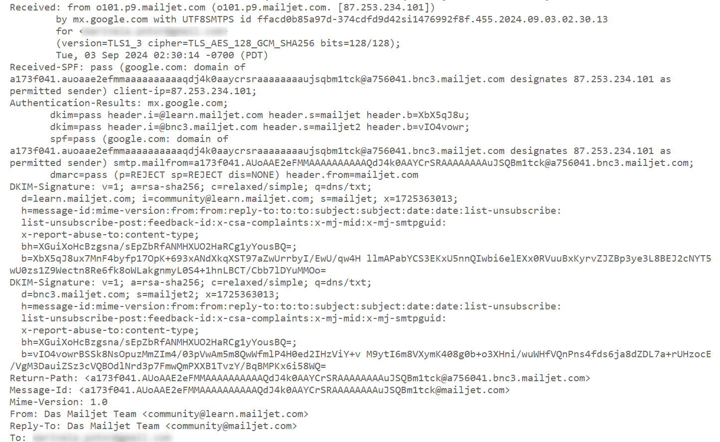 Blick in den Anfang des E-Mail-Header des Newsletters von Mailjet