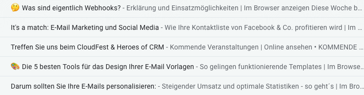 Beispiele für E-Mail-Betreffzeile und Preheader im Posteingang.