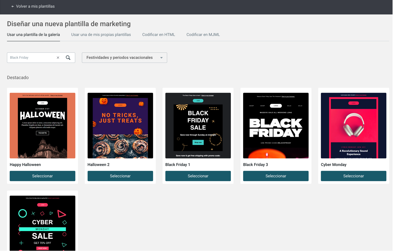 Captura de pantalla con d imágenes de las plantillas de Black Friday de Mailjet.