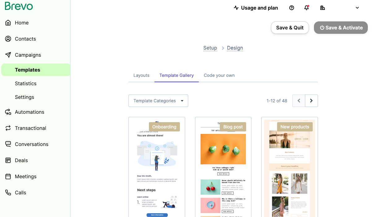 Screenshot of the template gallery for Brevo