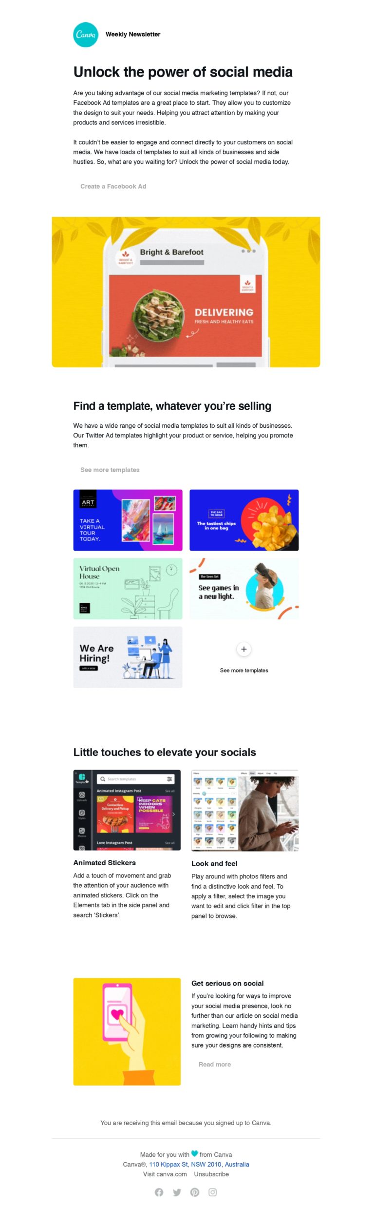 Ejemplo de newsletter de Canva con un diseño sencillo y un CTA claro