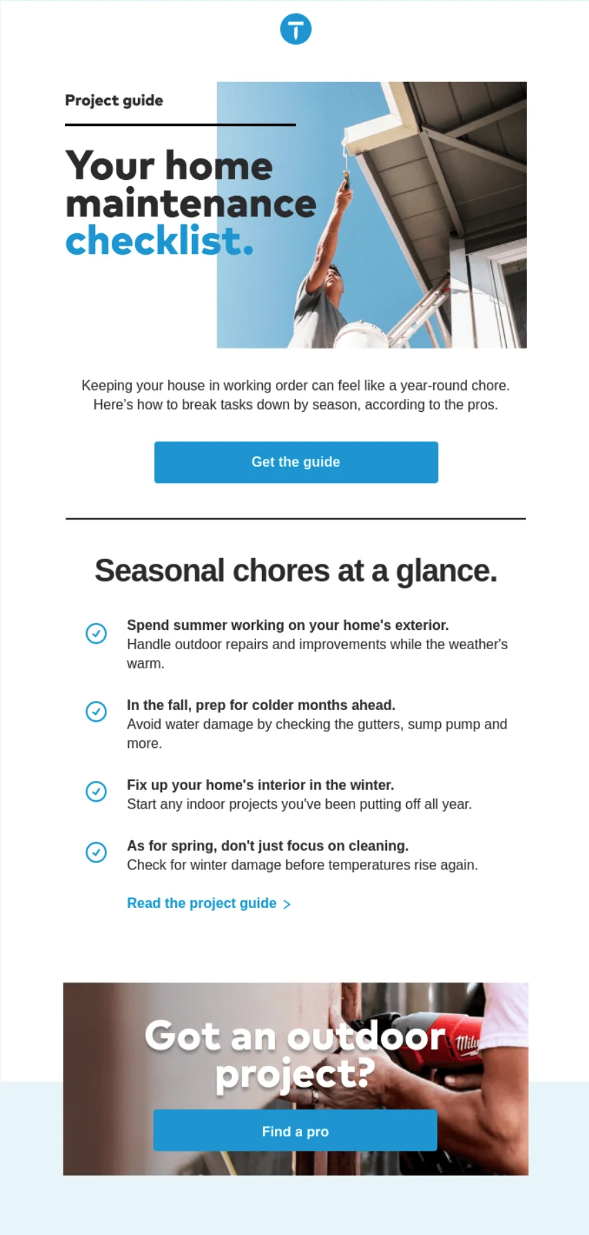 Email campaign from Project guide with home maintenance checklist.
