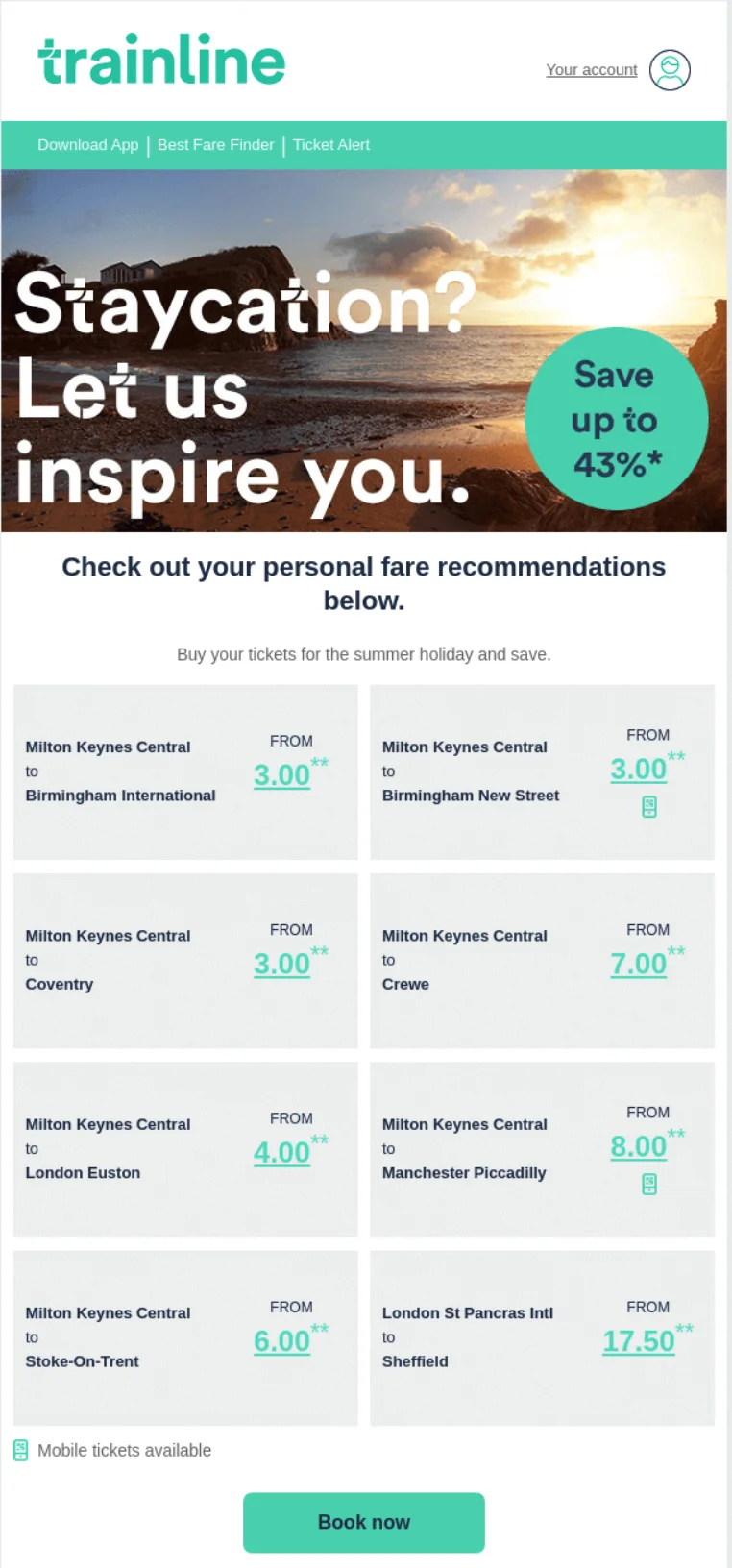 Email campaign from Trainline promoting summer destinations.