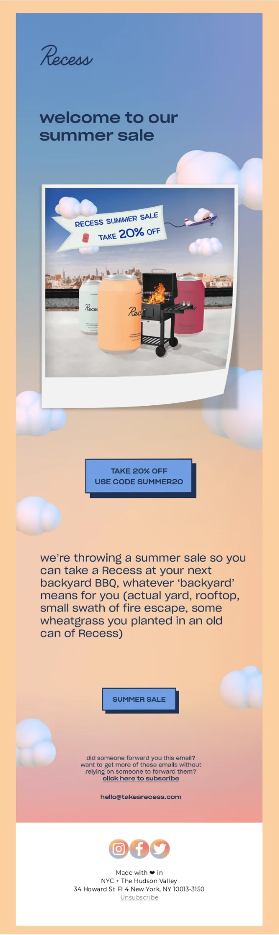 Email campaign from Recess offering summer sales discounts.