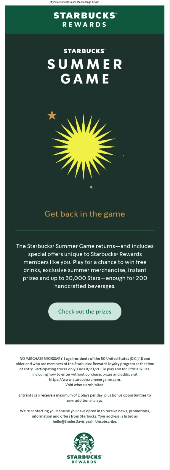 Email campaign from Starbucks announcing their summer game.