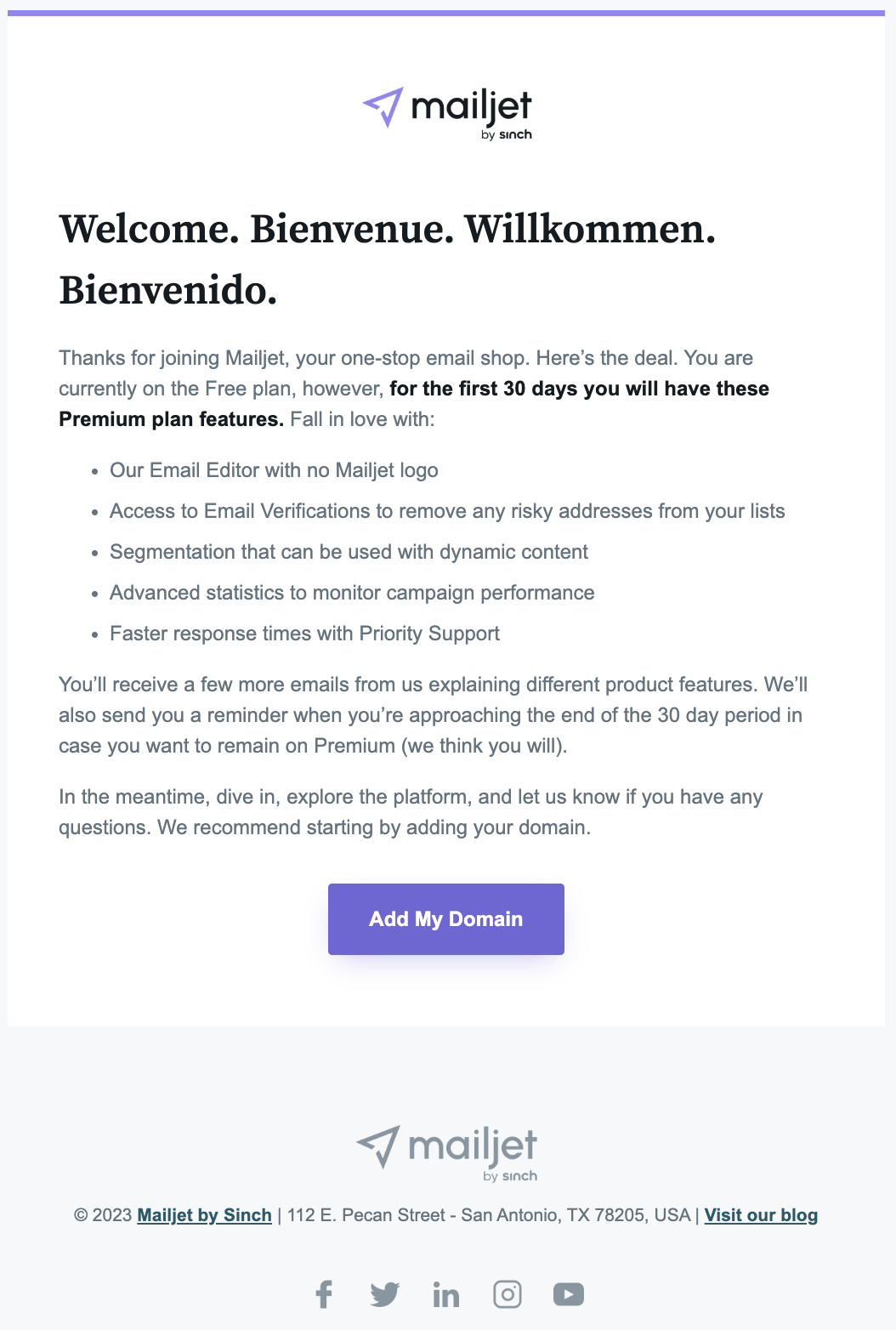 An example of a welcome email from Mailjet