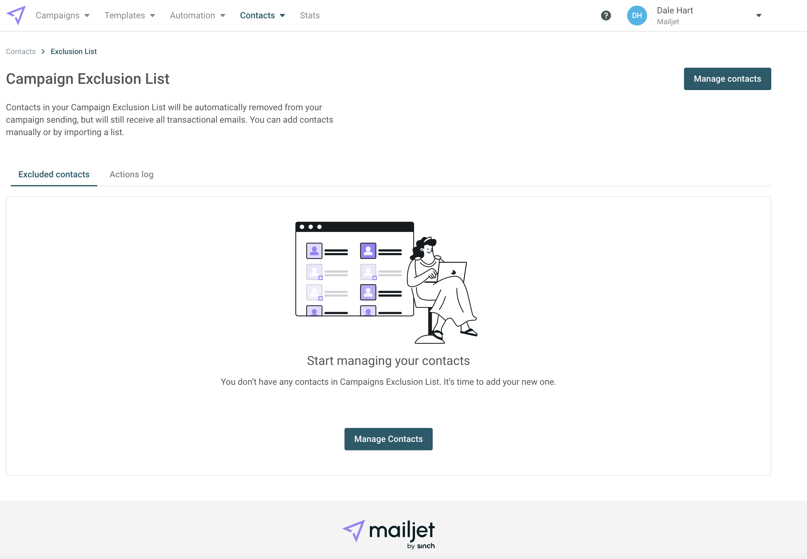 Una captura de pantalla de la Lista de exclusiones de Mailjet