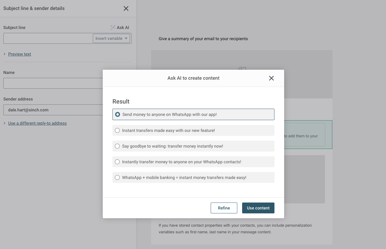 Examples of AI-generated subject lines from Sinch Mailjet’s Copy Generator