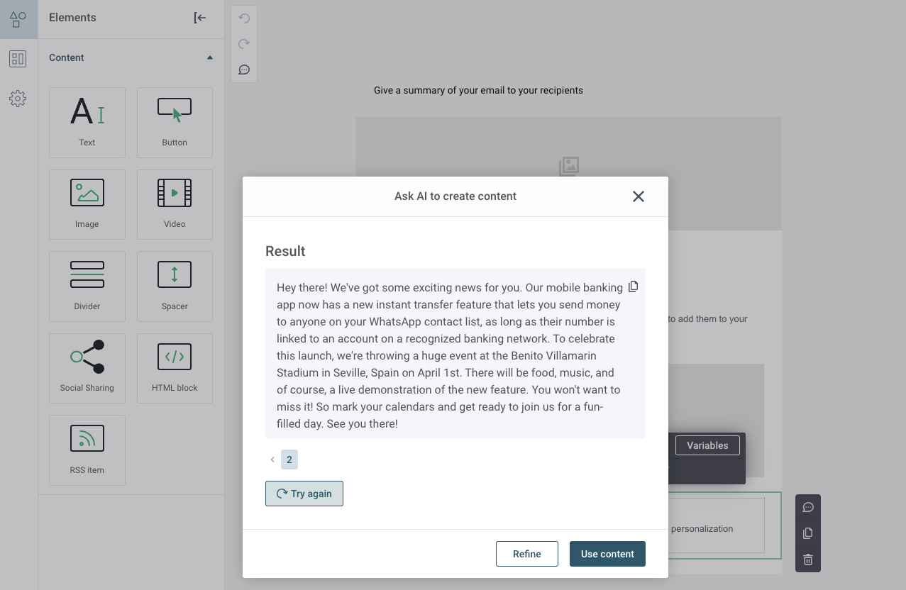 Example of an AI-generated event invitation from Sinch Mailjet’s Copy Generator