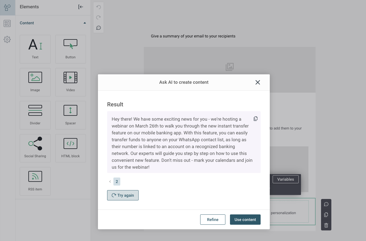 Example of an AI-generated event invitation from Sinch Mailjet’s Copy Generator