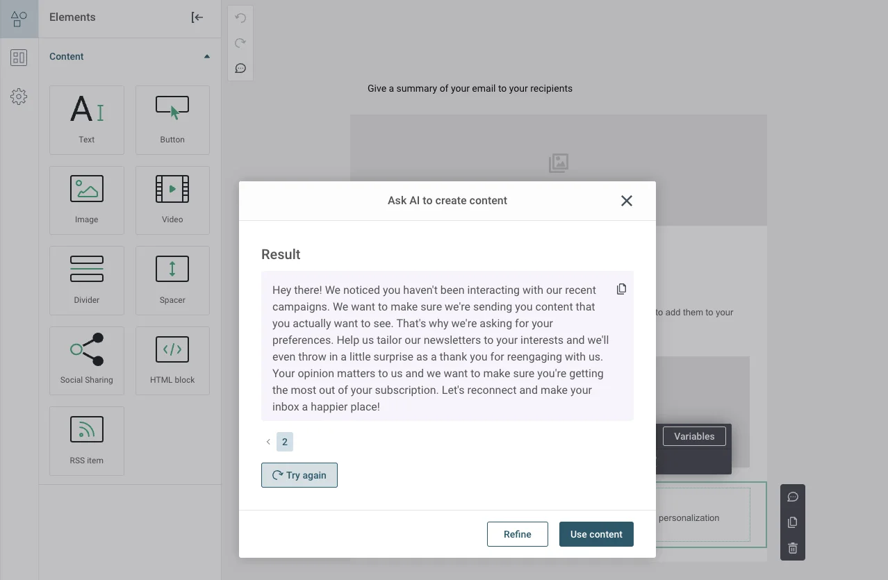 Example of an AI-generated reengagement newsletter from Sinch Mailjet’s Copy Generator