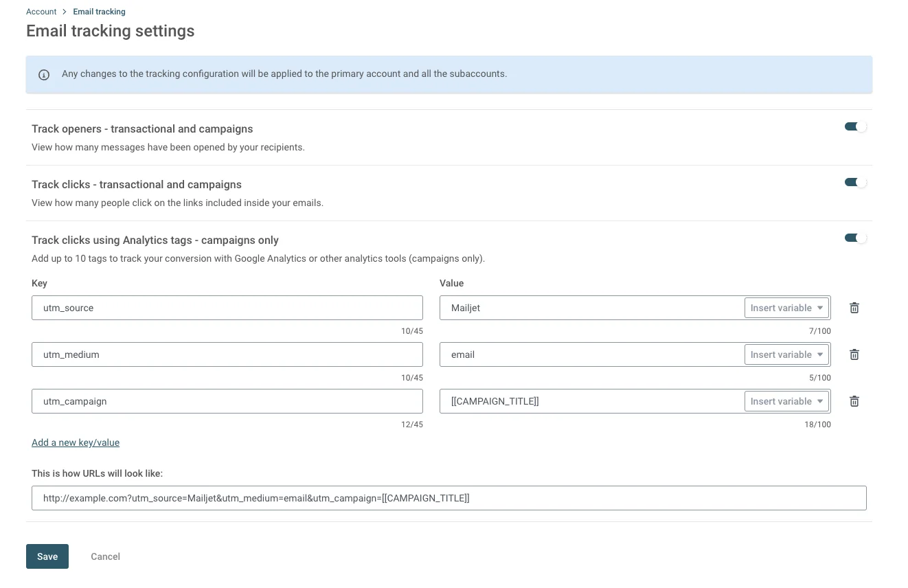 An image showing the advanced tracking parameters within Mailjet