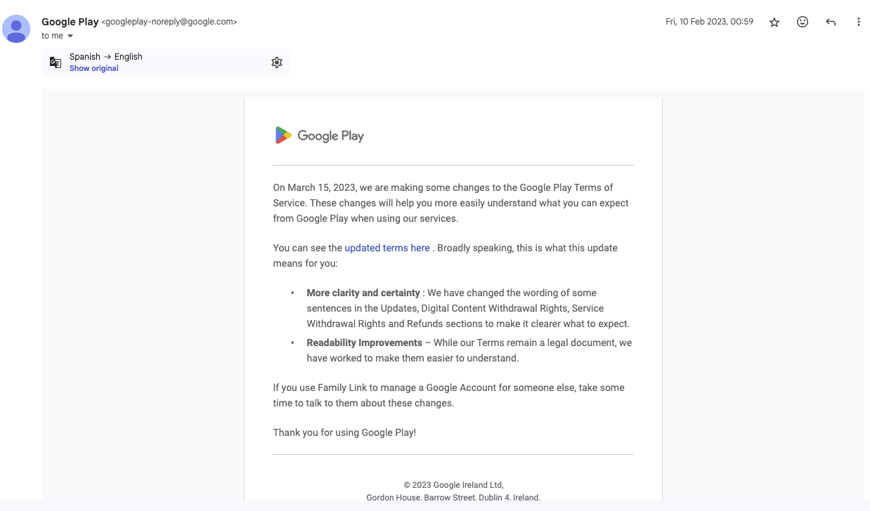 Ejemplo de un email noreply con un cambio en las Condiciones de Servicio.