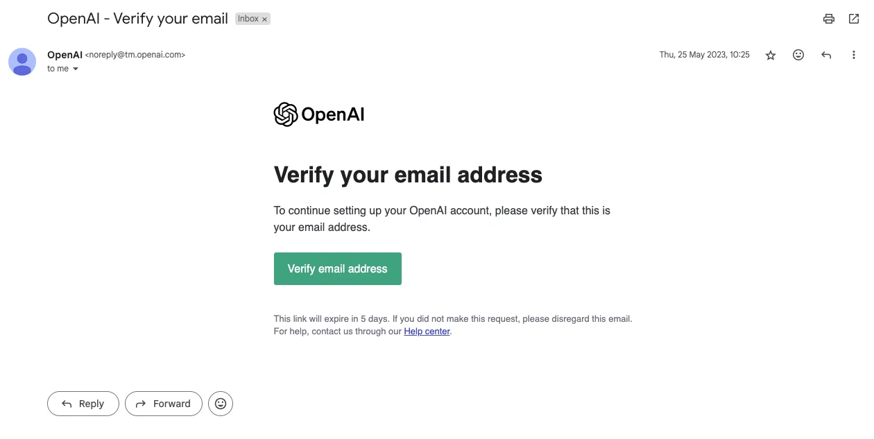 Example of an email verification noreply email
