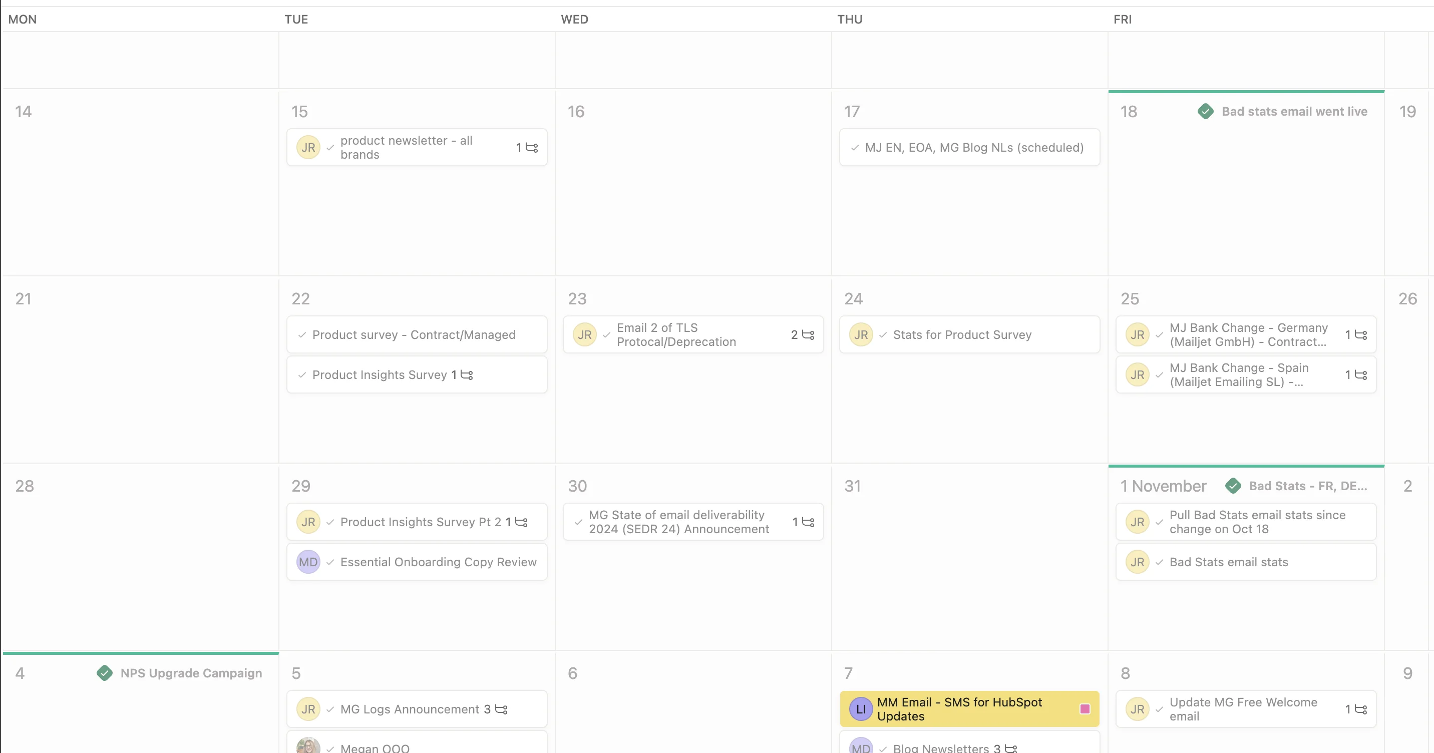 Email content calendar.
