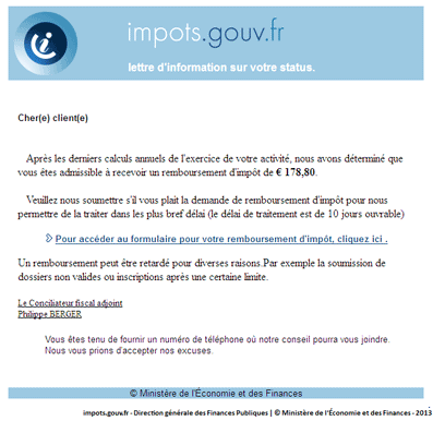 Capture d’écran d’un email de phishing se faisant passer pour la direction générale des Finances Publiques