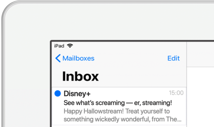 Ipad displaying inbox with email marketing from Disney+