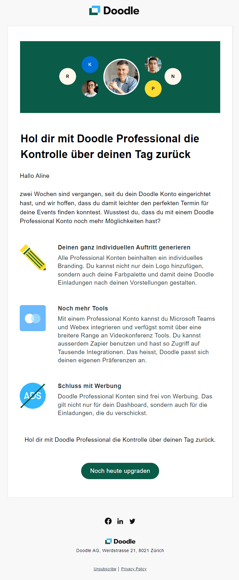 Screenshot von Doodle der die Vorteile des Dienstes zeigt