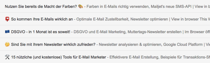 Abbildung, die einen Posteingang mit verschiedenen Betreffzeilen zeigt, die Emojis enthalten